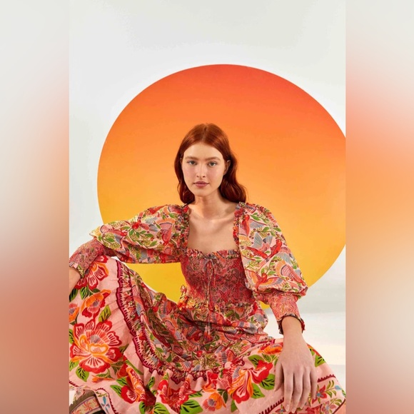 FARM RIO ANTHROPOLOGIE PINK MACAW FLIGHT SMOCKED MIDI DRESS - Picture 6 of 16